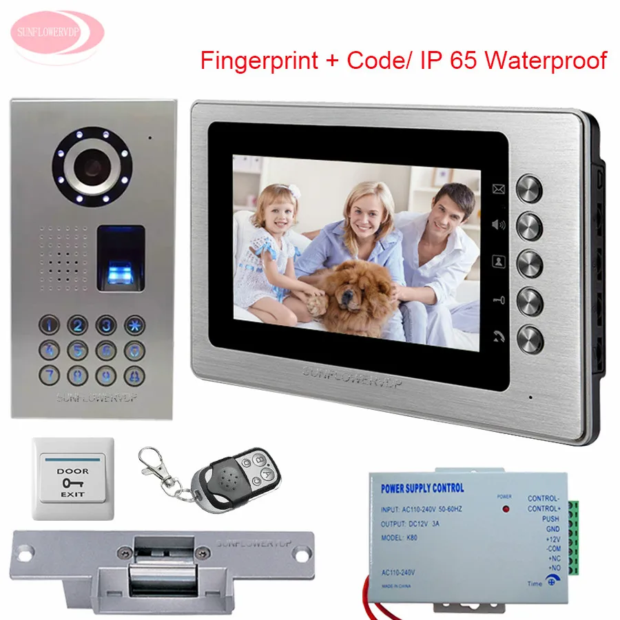 

Home Video Door Phone IP65 Waterproof Fingerprint Code 7'' Color Video Intercom For The Apartment System Unit + Electronic lock