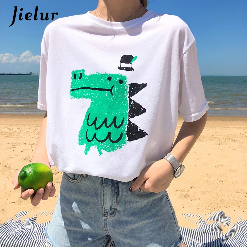 Jielur милый мультфильм Динозавр печатные футболки для женщин 2019 белая футболка