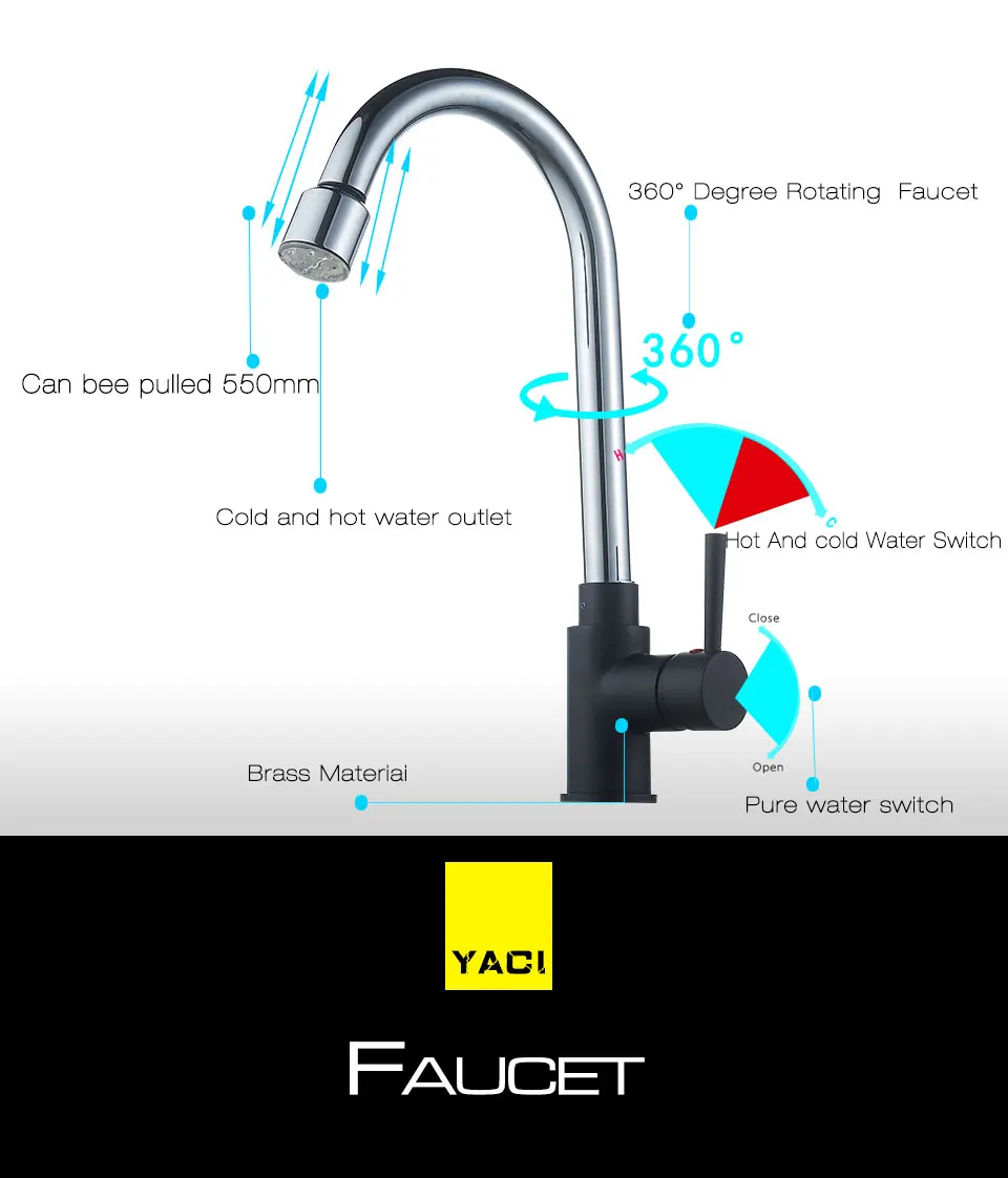 YACI светодио дный LED кухня кран 360 градусов вращения правило форма изогнутые выпускные трубы Нажмите бассейна сантехническое оборудование