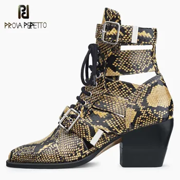 

Prova Perfetto Brand Design Snakeskin Genuine Leather Boot Woman Pointed Toe High Heel Ankle Boots Buckle Lace Up Botas Feminina