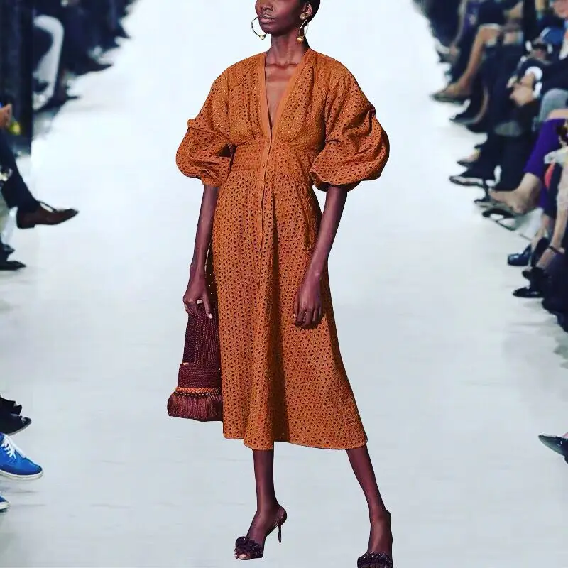 

Runway Women Lace Embroidery Dress Mid Long Sexy Hollow Out 2019 Designer Chic Lantern Sleeves Dresses Ladies Buttons Vestidos