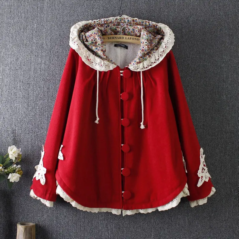 

Autumn Winter Women New Thicken Blended Hooded Jackets Coat 2018 Cute Female Spliced Button Hollow Out Tops Coat LQ467