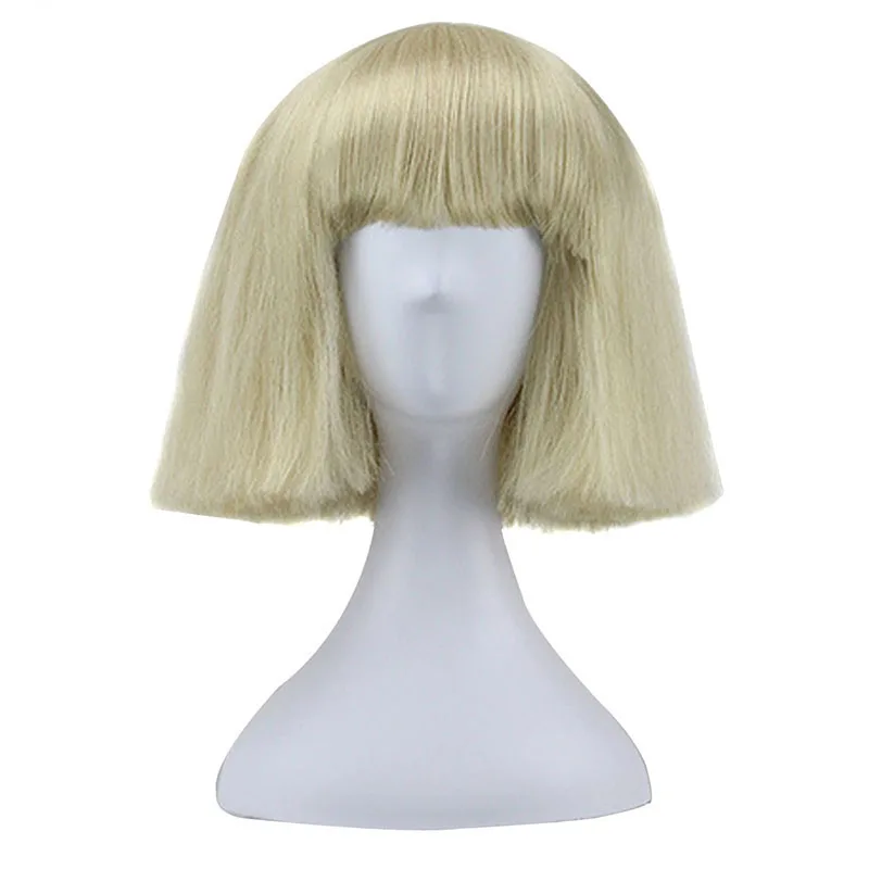 

Hair Cap+ High Temperature Fiber Blonde Flat Bangs Straight Yaki Style Synthetic Cospaly Wig For Party