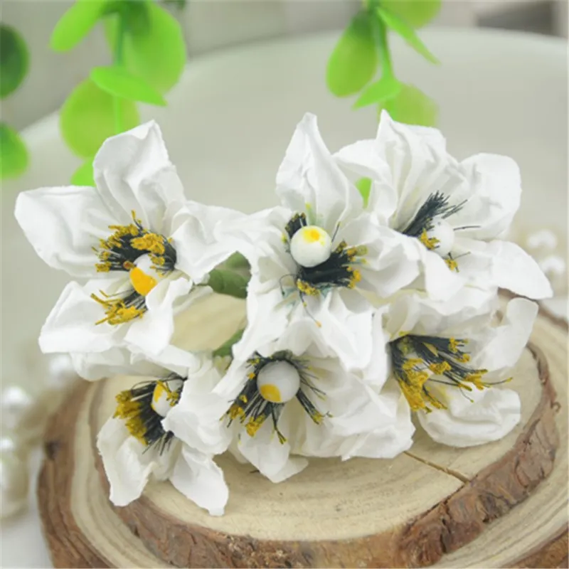 6 шт./партия, 9 цветов, 2,5 см, ручная работа, маленькие бумажные цветы лилии, букет, используемый для свадьбы, сделай сам, Подарочная коробка, украшение для рукоделия - Цвет: White