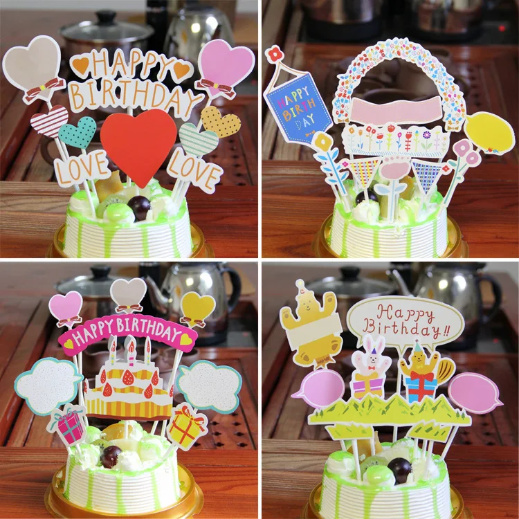 DIY Cute Happy Birthday Cake Topper Cartoon Animals Cupcake Flags Birthday Party Cake Baking Decor Baby shower Cake Flags