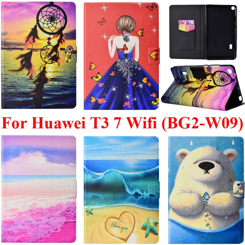 

For Huawei T3 7 Wifi BG2-W09 Case Cover Mediapad T3 7.0 inch Wifi Shell Soft TPU Bag with Card Slot Girl Bear Color Sea Painting