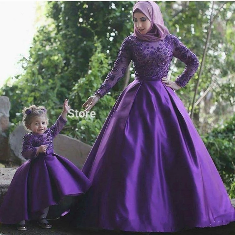 Purple Long Sleeve Lace Muslim Evening Dresses Hijab Party ...