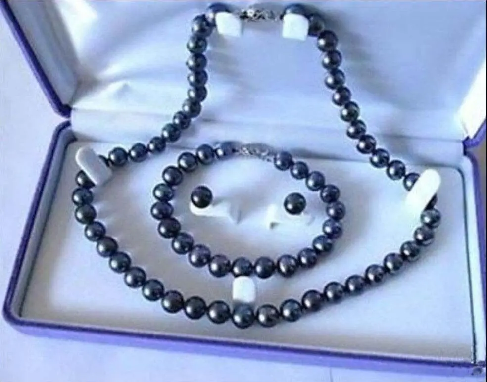

Hot selling free shipping*****real 9-10mm south sea AAA Black natural Pearl Necklace Bracelet + gift Earring