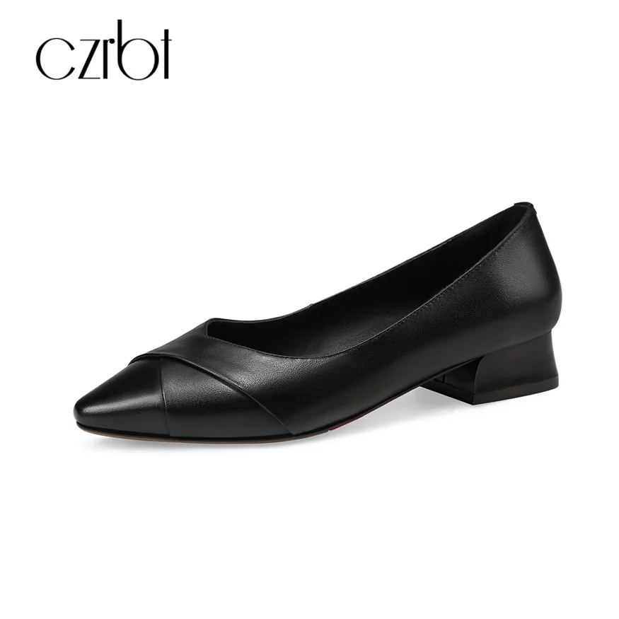 

CZRBT Women Office Career Low Heels 3cm Pumps with Geniune Cow Leather Top Handmade Quality Big Size Ladies High Heels Shoes