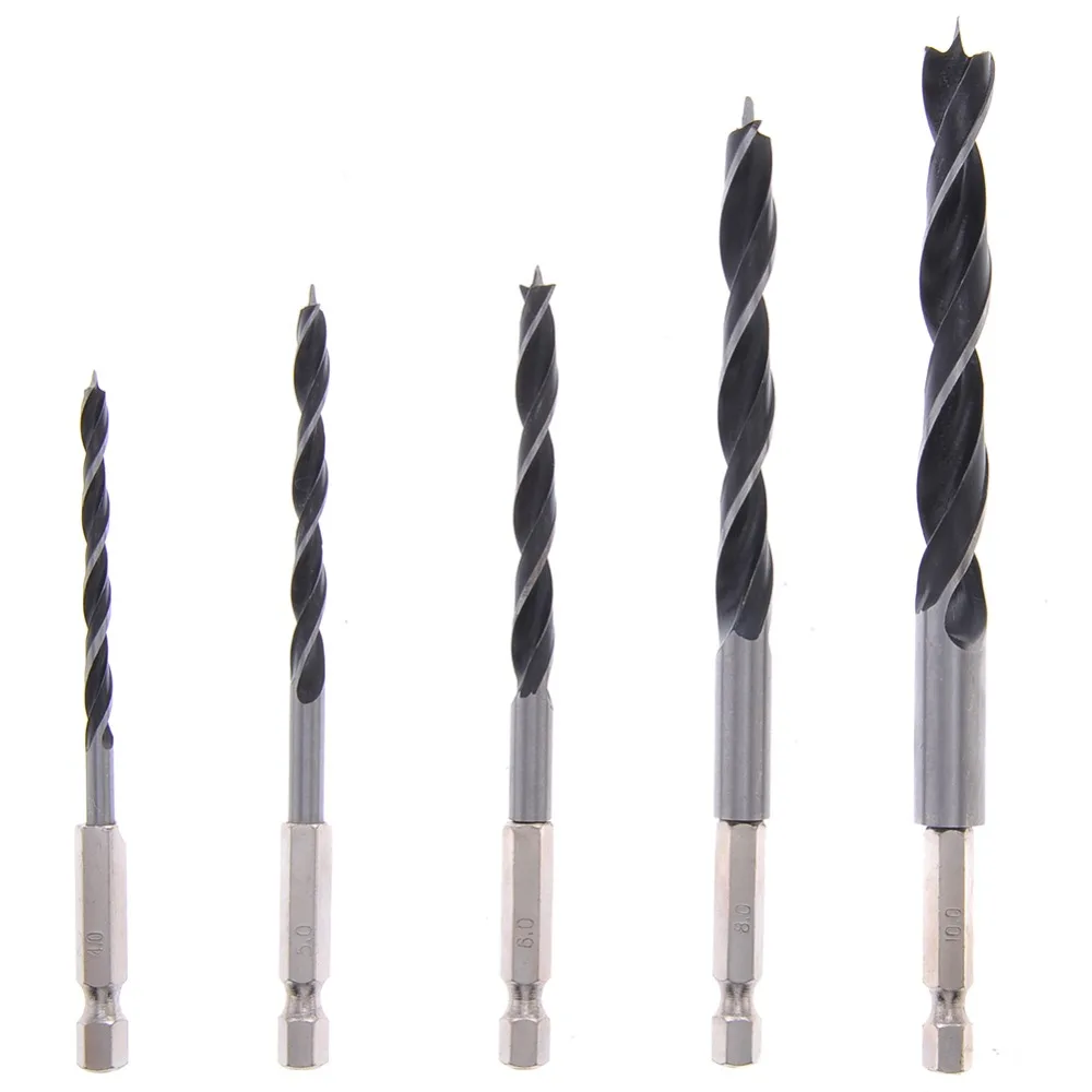 

5pc 1/4" Hex Shank Wood Hcs Drill Bit Set Woodworking Quick Change Twist Drill Bit Metric 4/5/6/8/10mm Quick Release Drills Bits