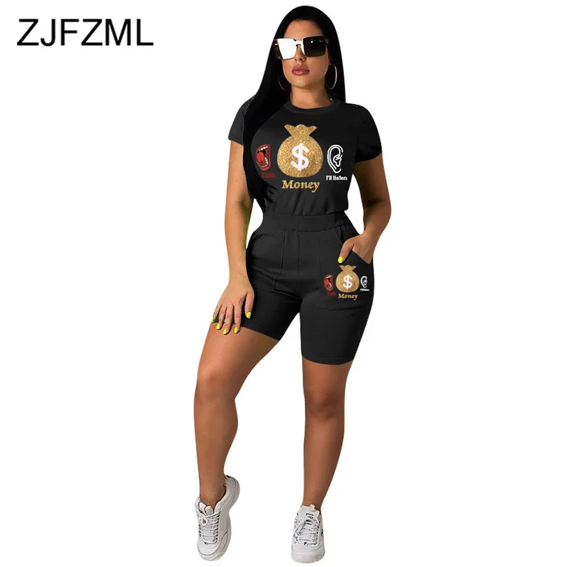 Plus Size Casual Two Piece Tracksuit Women Summer Festival Clothing Letter Print Short Sleeve Top And Biker Shorts Matching Set