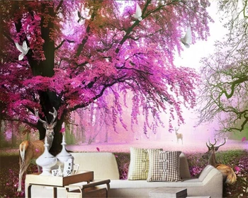 

beibehang Custom wallpaper 3D mural romantic flower sea dream cherry tree big tree sika deer living room TV background wall