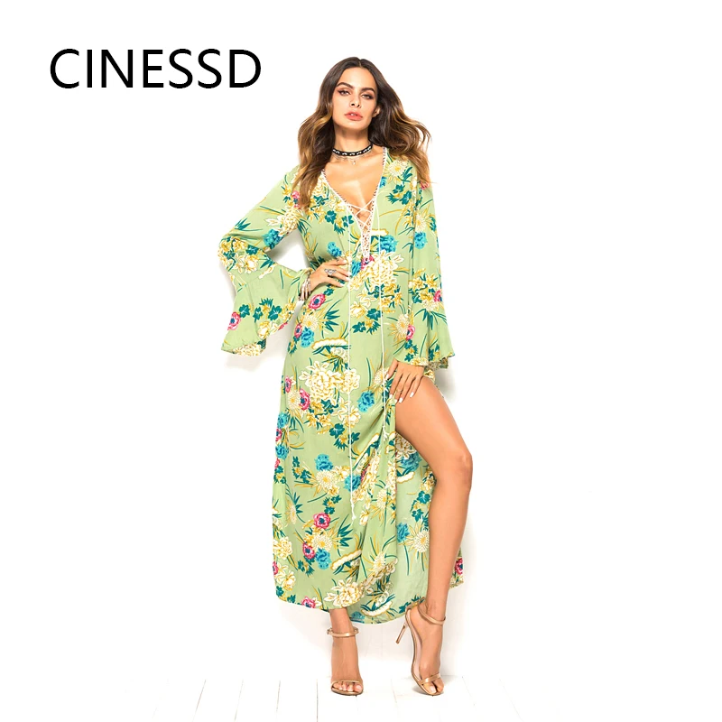 

CINESSD Women Plus Size Long Dress Bohemian Floral Printing Ruffle Large Swing Muslim V-neck Sexy Long Sleeve Thin Maxi Dress