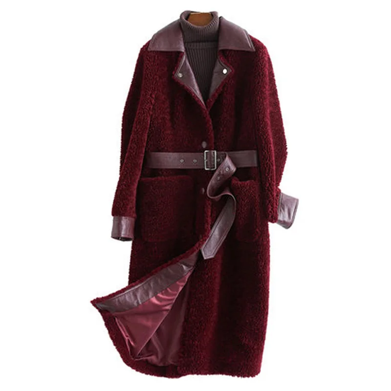 

Sheep Shearing Fur Coats Women 2019 Winter Warm Real Fur Coat Female Jacket With Belt Long Winter Warm Parka casaco feminino