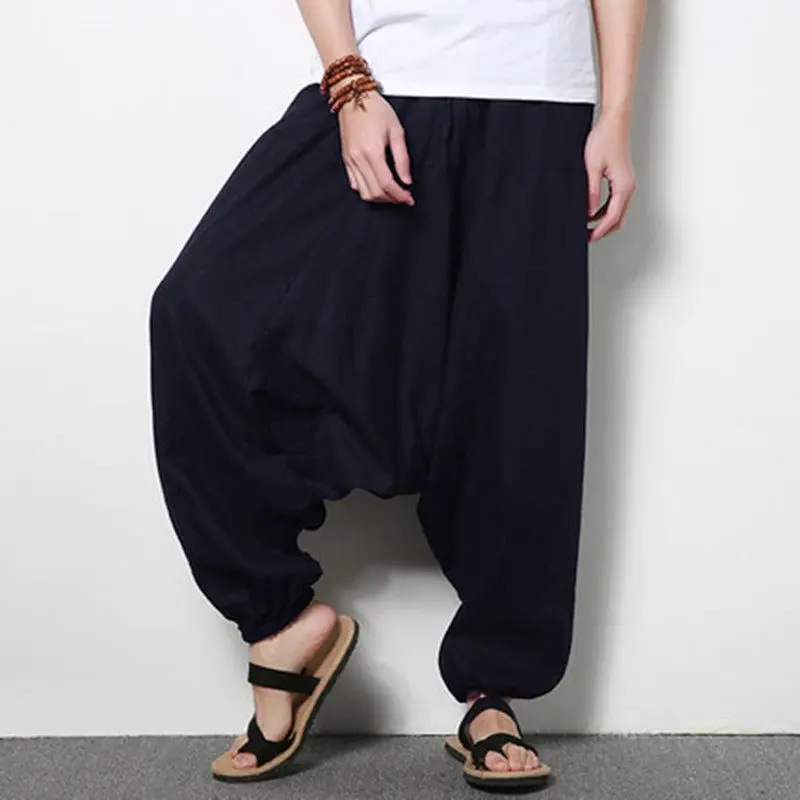 Fashion Men Loose Casual Harem Pants Cotton Wide Legs Trousers Pleated ...