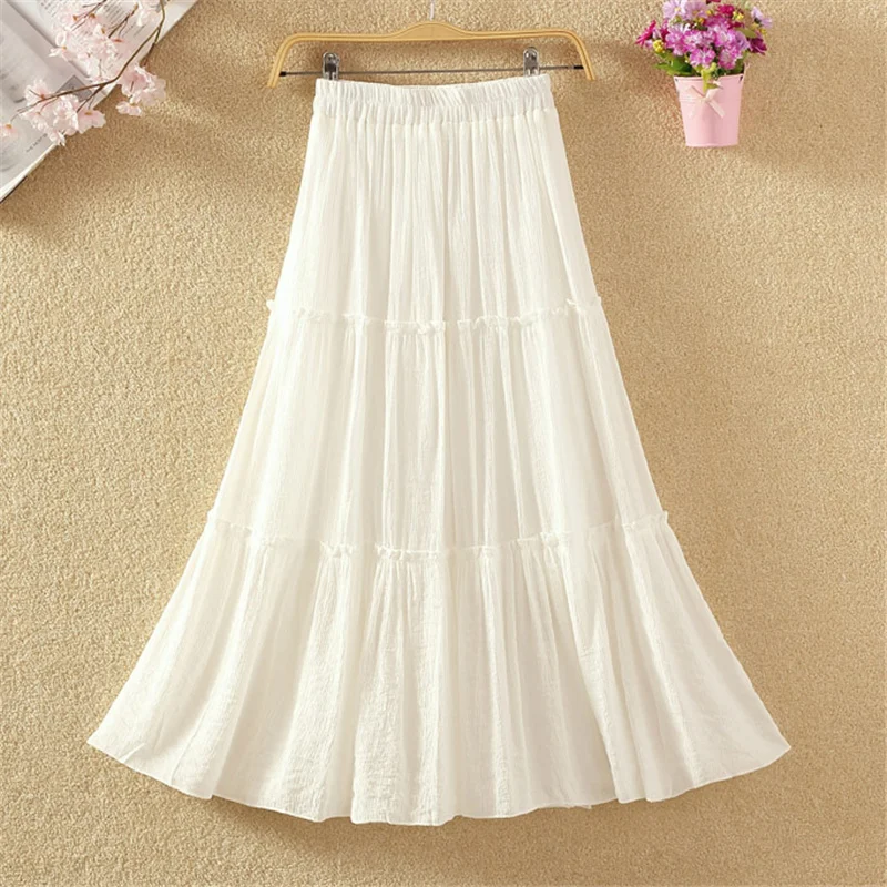 Women Skirt Solid Color Cotton Linen Casual A-Line Skirt High Waist Pleated Skirt Women Summer Autumn Female Elastic Long Skirts