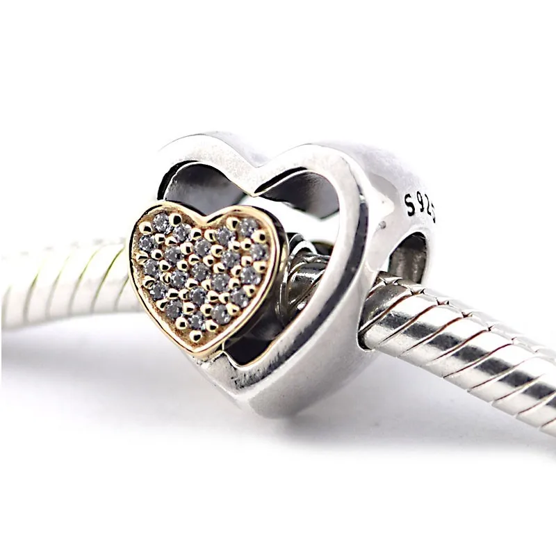

100% Real 925 Sterling Silver Joined Together with 14K Gold Heart Charms Beads Fits Women Bracelets DIY Original Jewelry