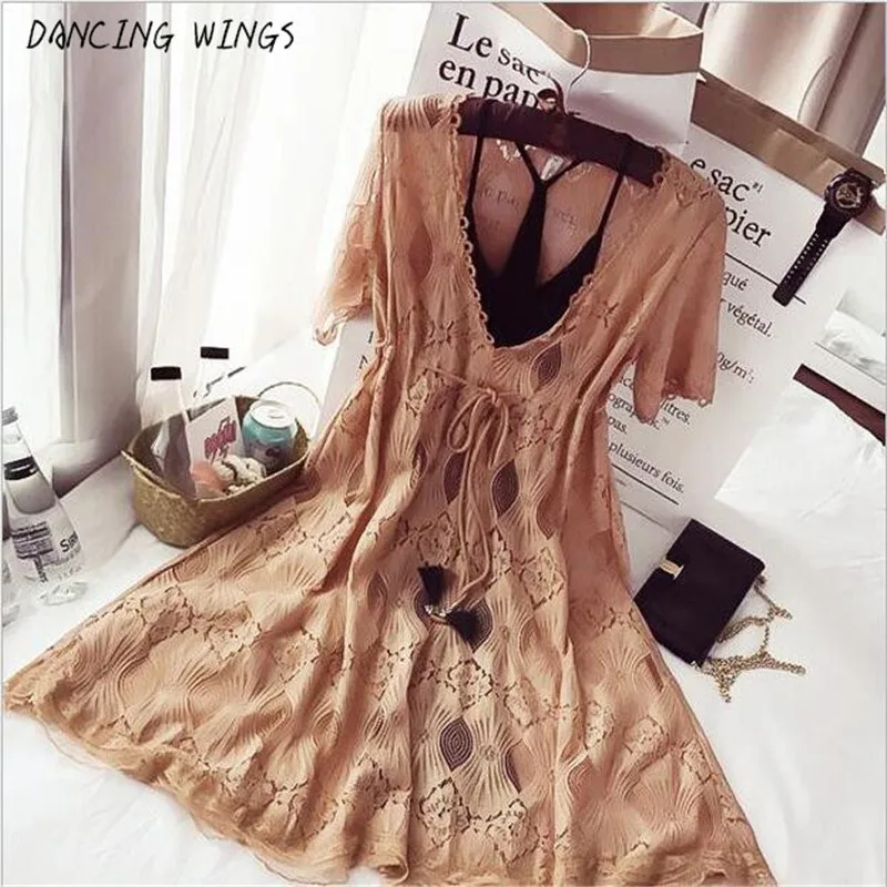 

plus size dresses for women 2019 New Arrivals Short Sleeve Deep V Neck Women Lace Summer Dress strap dress 2 Piece Set