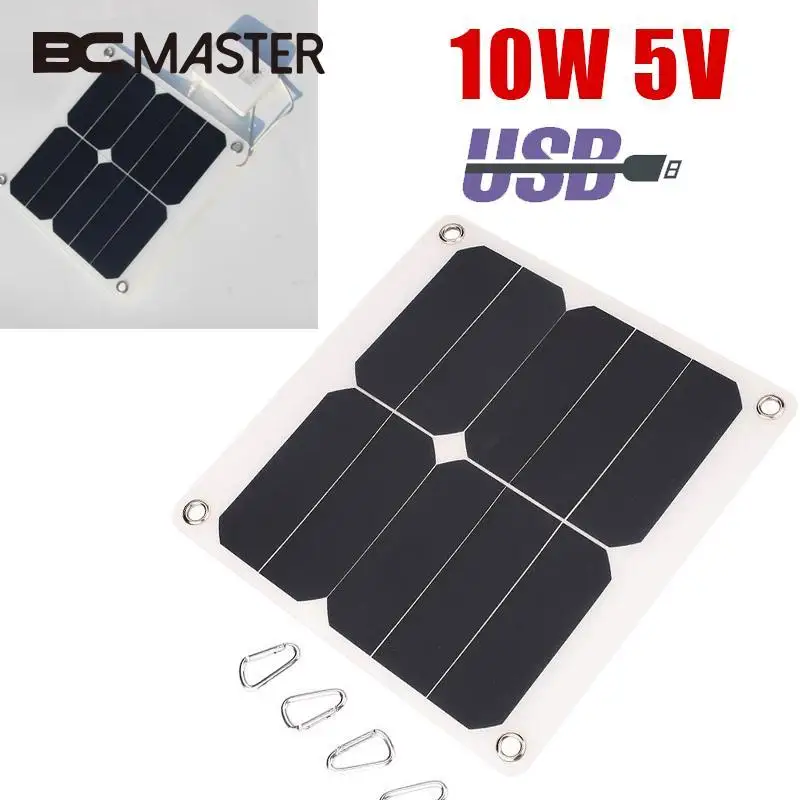 

BCMaster Universal 10W 5V Portable Silicon Solar Power Panel External Mobile Cell Phone Battery Charger USB Port 4 Clip