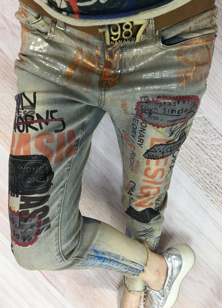 2018 New Hot Summer Fashion Bronzing Letter print Boyfriend Skinny Women Mujer Jeans Female Pencil Pants Vintage MN858