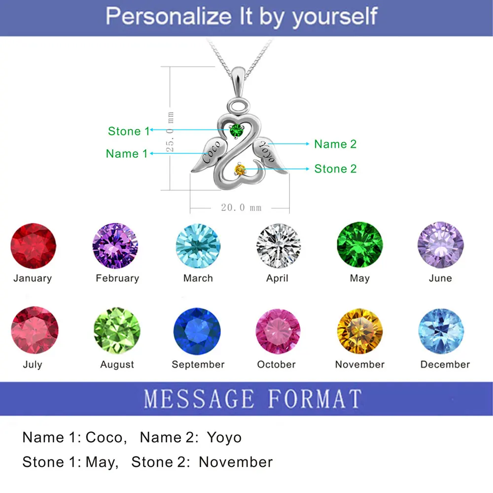 Personalized-Two-Birthstones-Names-Engraved-Angel-Necklaces-Pendants-925-Sterling-Silver