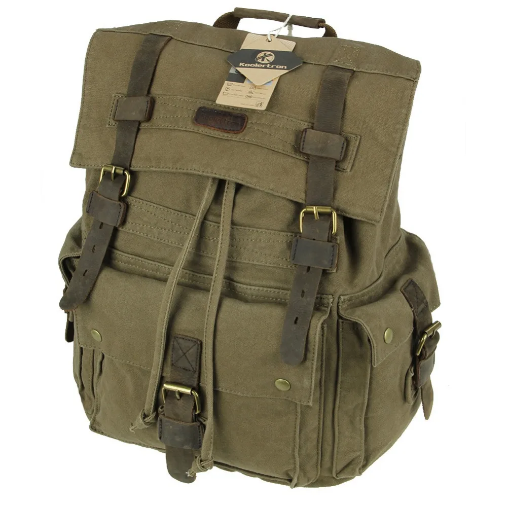 Koolertron28L Army Green Vintage Canvas Genuine Leather Backpack