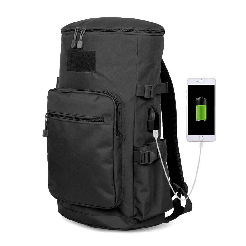 BURAQ Brand 600D Nylon Black Solid Color Unisex Zipper Flap Pocket Airsoft USB Port 45L Laptop Men Ripstop Backpack T0225