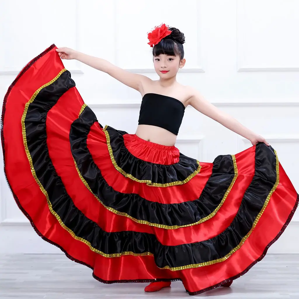 Girls Spanish Dance Costumes Children Spanish Flamenco Skirt Belly