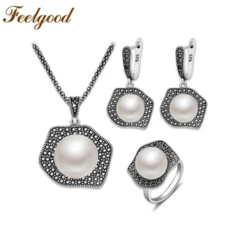 

Feelgood bijouteri Imitation Pearl Jewelry Set Vintage Silver Color Copper With Black Cz Rhinestone Necklace Earrings Ring Sets