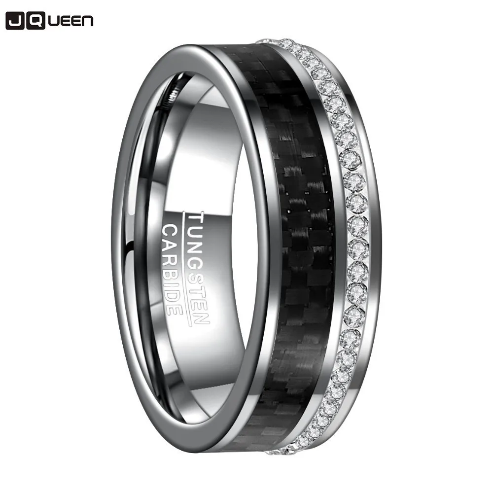 

8MM White Crystal Tungsten Steel Ring Polished Plane Beveled Inlaid Black Carbon Fiber man ring dropshipping