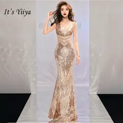 Это Yiiya формальная Русалка Вечерние платья с открытой спиной Сексуальная Длинные вечерние платья v-образным вырезом без рукавов молния