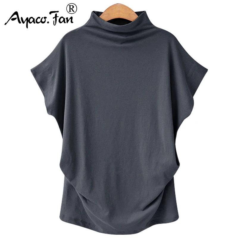 Plus Size 6XL Women Summer T-Shirt Short Batwing Sleeve Loose Solid Gray Turtleneck Tee Shirt New T-Shirts Femme Tees Tops