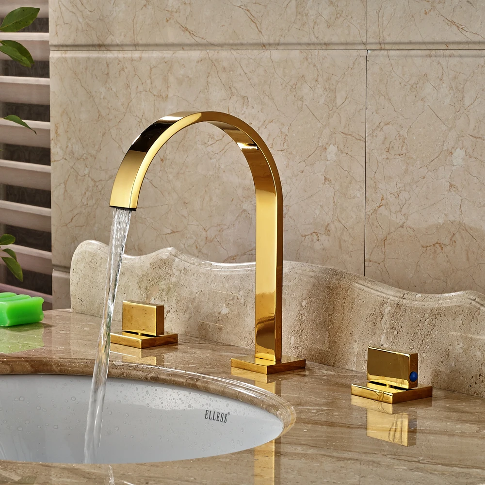 Gold Polished Widespread 3pcs Bathroom Sink Faucet Double Handles Mixer