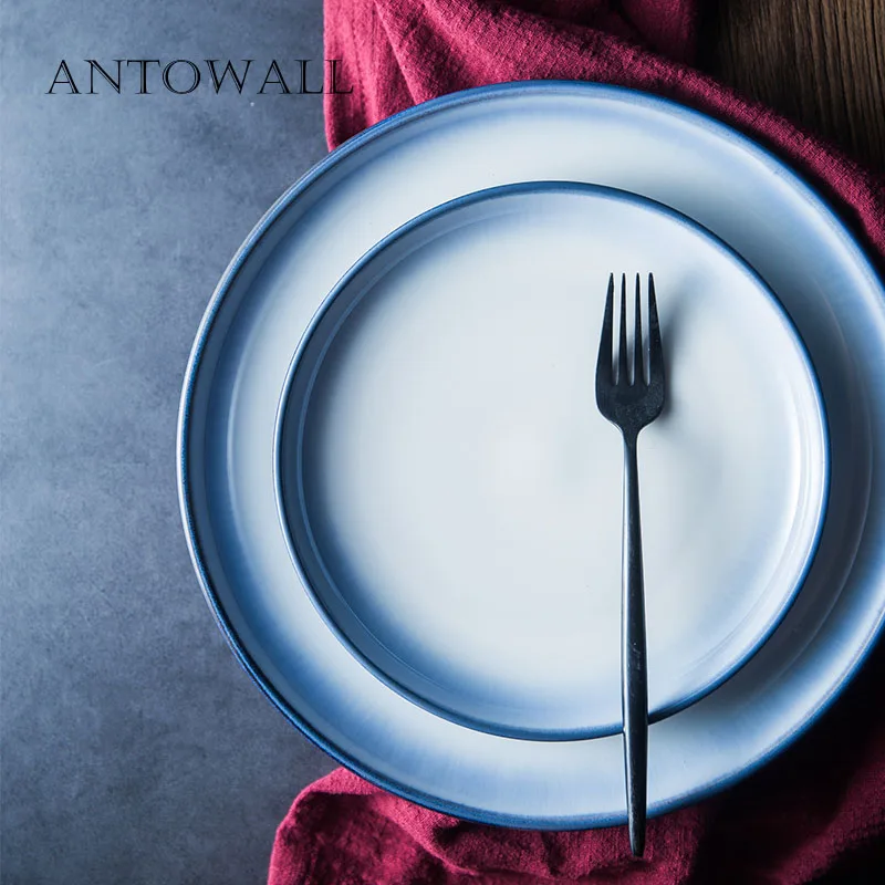 

ANTOWALL European-style ceramic gradient blue western steak dish 11 inch big dish good looking breakfast pasta plate