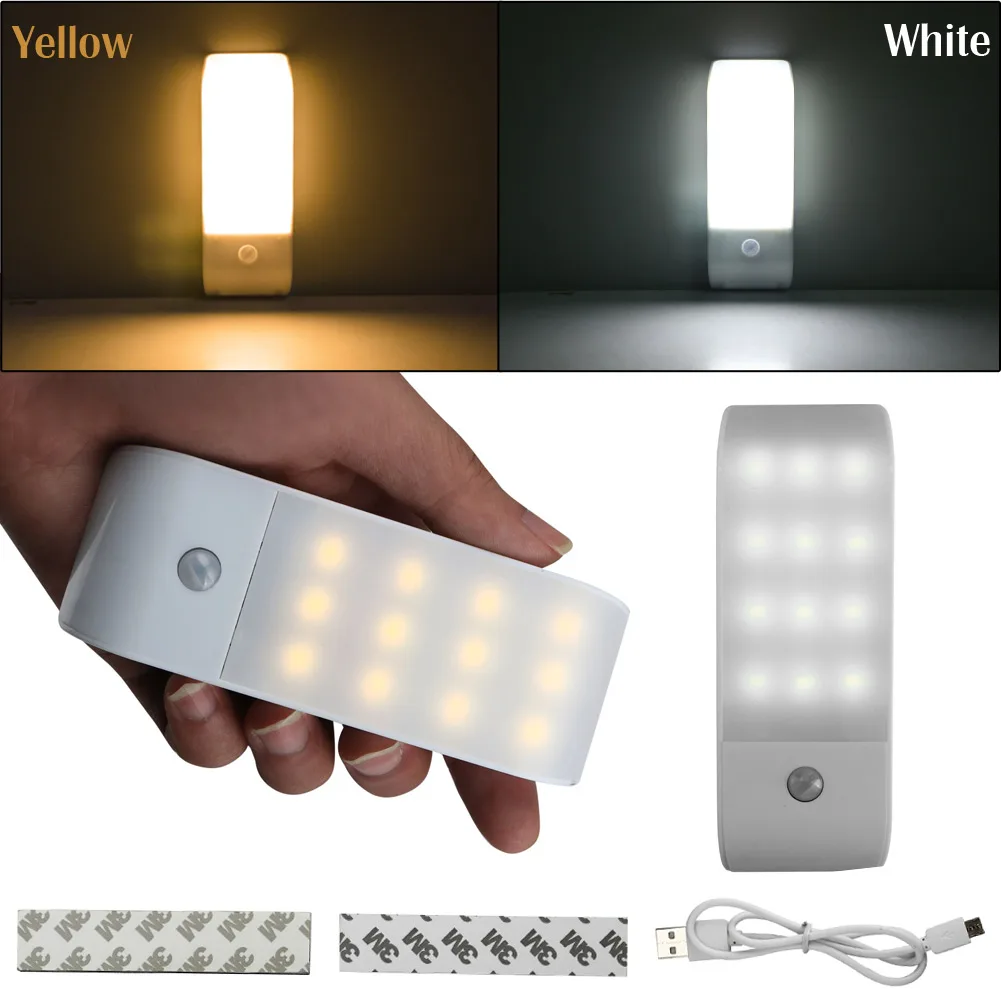 1Pc 12 LED Night Light USB Rechargeable PIR Motion Induction Sensor Closet Corridor Nightlight Lamp Auto On/Off 5V