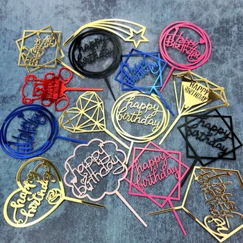 

(33 Kinds) Happy Birthday Cake Topper Decoration Card Inserted Acrylic Cake Topper Supplies Kids Cakes Silver Gold Black Party E