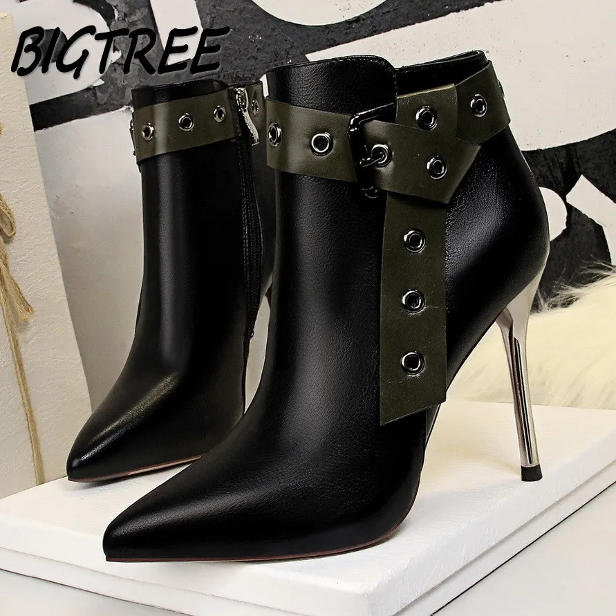 

BIGTREE Winter Women Ankle Boots Shoes Woman Pointed Toe Pumps Female Fashion Rome Rivet Belt buckle High heels Short Boots