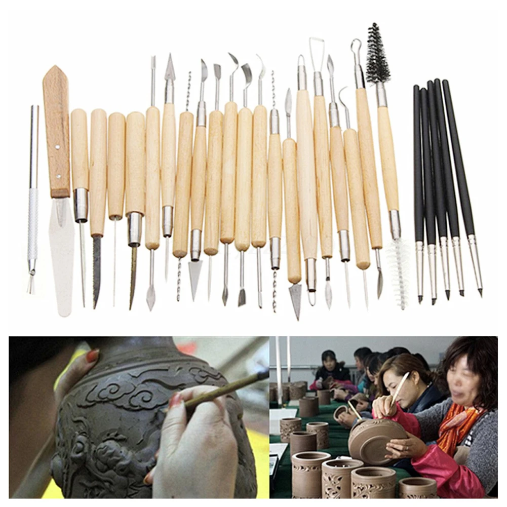 

27pcs/set Clay Sculpting Tools Flexible Silicone Rubber Shapers Sculpting Carving Wooden Handle Modeling Clay Tools