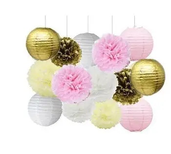 

Set of 14 Mixed Pink Gold White Tissue Paper Pom Poms Paper Flowers Paper Lantern Hanging Flower Ball Wedding Party Decor