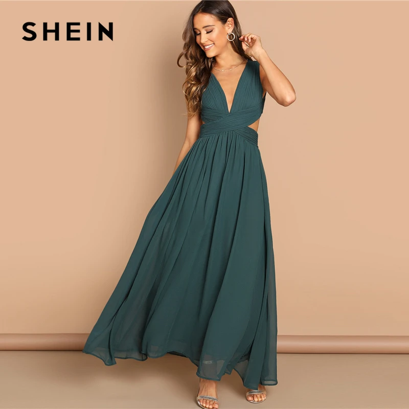 Baratos SHEIN verde cuello de inmersión entrecruzado cintura vestido de bola elegante liso ajuste y Flare Vestido Mujer otoño moderno señora vestidos de fiesta