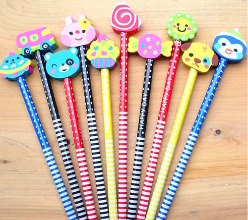 

10PCS cartoon animals series wooden pencil with eraser children pencils For Kid School Office Supply Escolar Papelaria