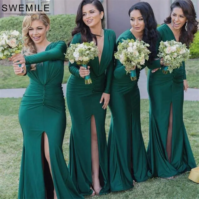 SWEMILE с длинным рукавом Зеленый Русалка пикантные платья подружек невесты V шеи атласное свадебное платье с разрезом халат d'd'honneur - Цвет: Зеленый