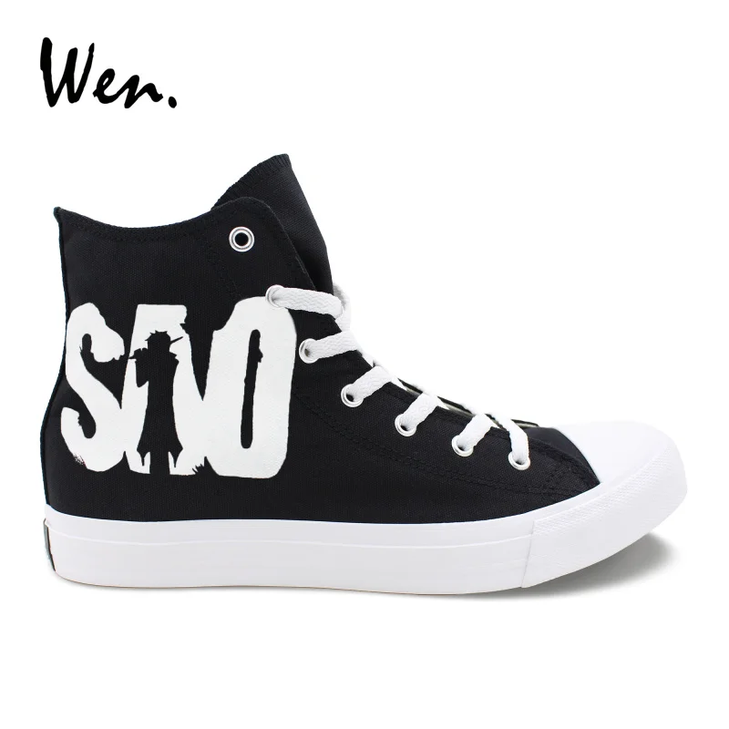 Wen Anime Hand Painted Black Shoes Design Custom Sword Art Online High Top Canvas Shoes Women Men Sneaker Skateboarding Trainers