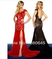 Vestidos Black Red Lace Backless Mermaid Modest Prom Dresses Cap Sleeve Evening Gown Chiffon A301