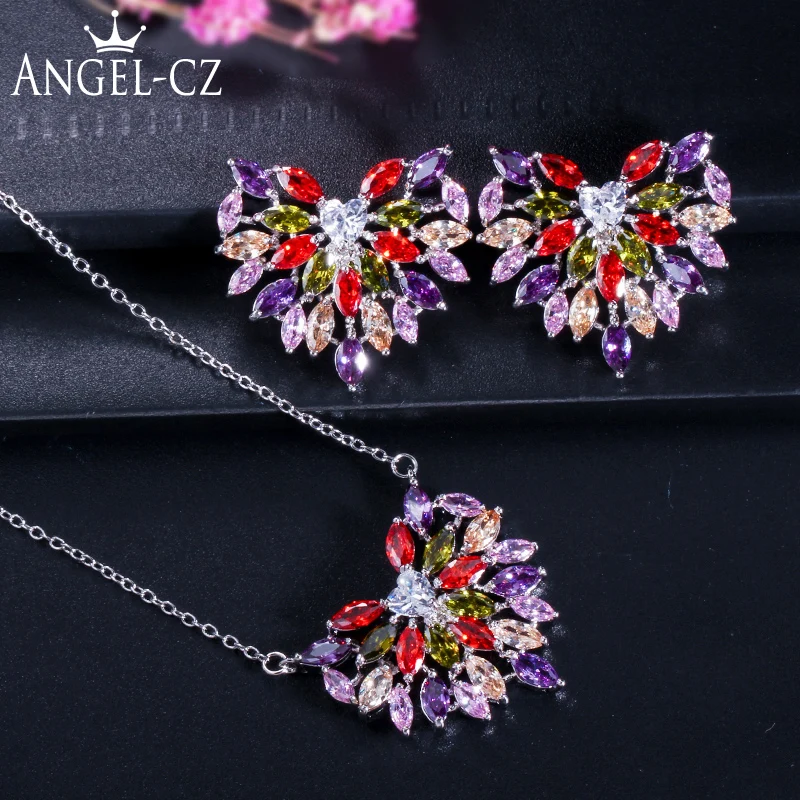 

ANGELCZ Trendy Multi Red Green Purple Color Cubic Zircon Heart Necklace Set with Stud Earings for Women Party Jewelry Sets AJ174