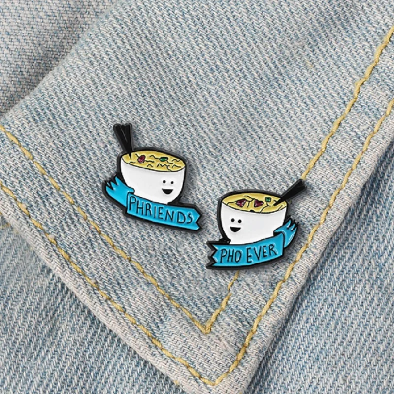

New PHRIENDS handsome smile white bowl brooch blue ribbon food lapel Enamel denim brooch friend love Alloy pendant