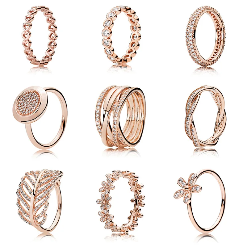 

9 Style Silver Ring Charms Love Heart Leaves Flowers Rose Crystal Gold Rings For Women Jewelry