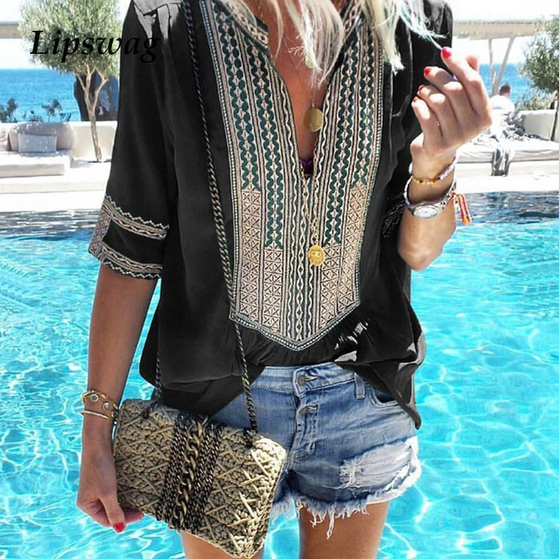 

Lipswag 5XL Women V-Neck Print patchwork Blouse Elegant Three Quarter Sleeve Blouses Shirt Summer beach Blusa Tops plus Size
