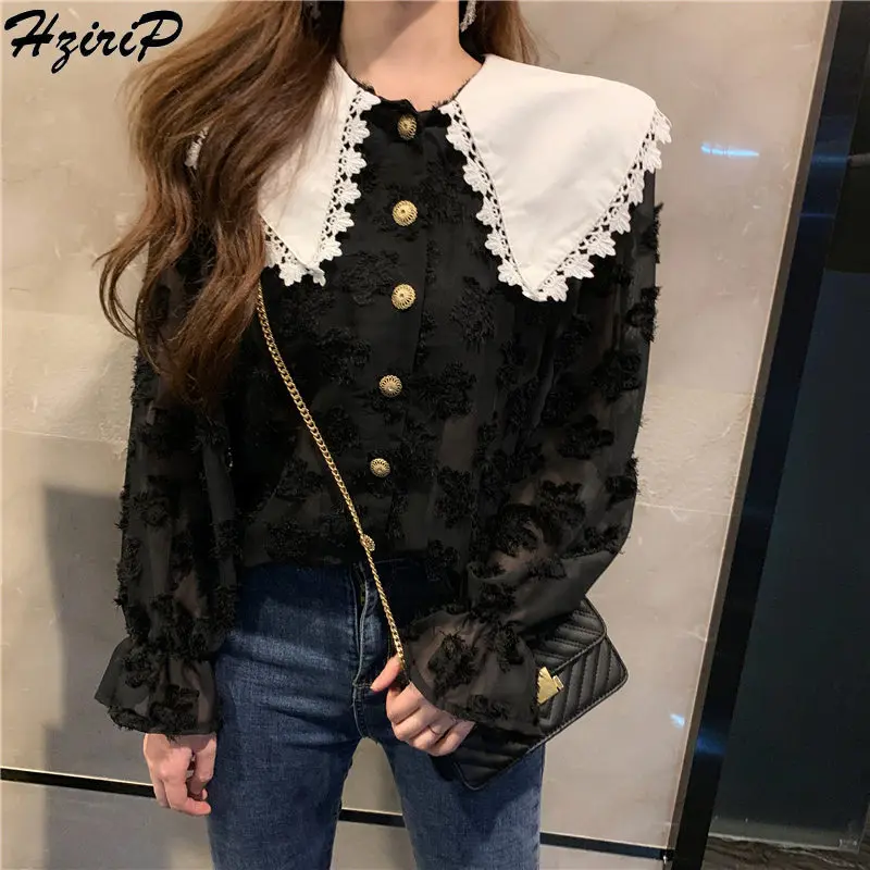 

HziriP 2019 Spring Fashion Elegant Women Blouses Peter Pen Collar Casual Sweet Chiffon Shirt Solid Face Floral Women Tops Shirts