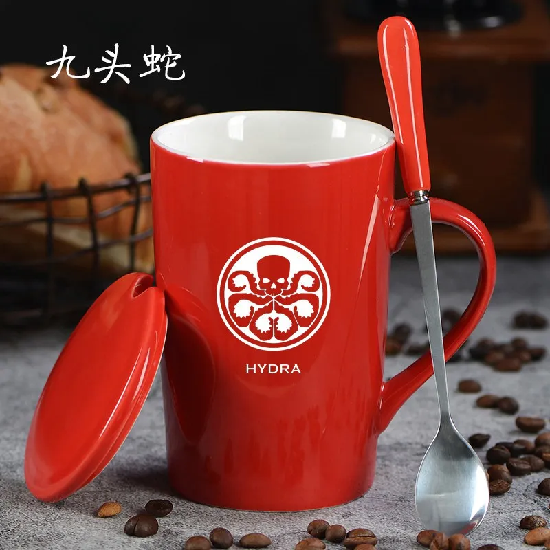 Красная керамическая кофейная кружка «мстители» с крышкой и ложкой, 400 мл, супергерой, Человек-паук, Железный человек, Тор, чайная чашка с молоком, посуда для напитков